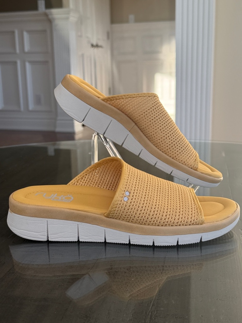 Ryka Ellie Women’s Knit Slide Sandals in Mustard Yellow. Size 7.5. Plush fit